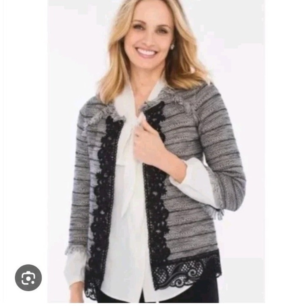 Chico's Fringe Lace Wool Blend Tweed Boucle Open Jacket Cardigan Size 1 Medium